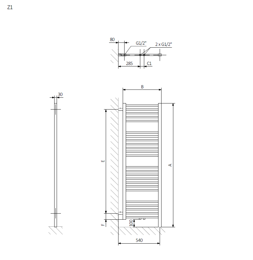 <p>A - height B - width C1-C5 - connection spacing D - distance between fixings horizontally E - distance between attachments vertically F - distance from the lower axle of fixings to the bottom edge of the collector</p>
