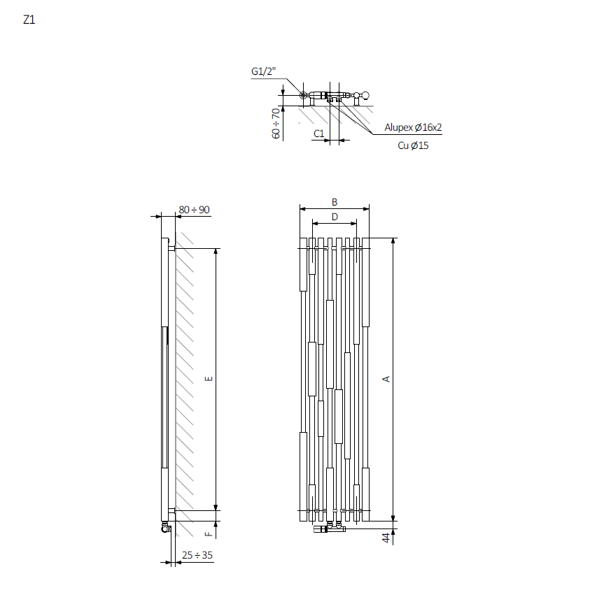 <p>A - height B - width C1-C5 - connection spacing D - distance between fixings horizontally E - distance between attachments vertically F - distance from the lower axle of fixings to the bottom edge of the collector<br />
 </p>
