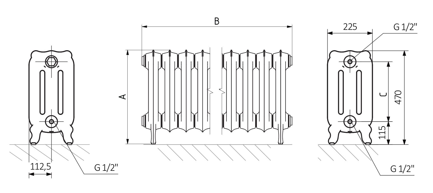 A - height B - width C1-C5 - connection spacing D - distance between fixings horizontally E - distance between attachments vertically F - distance from the lower axle of fixings to the bottom edge of the collector
