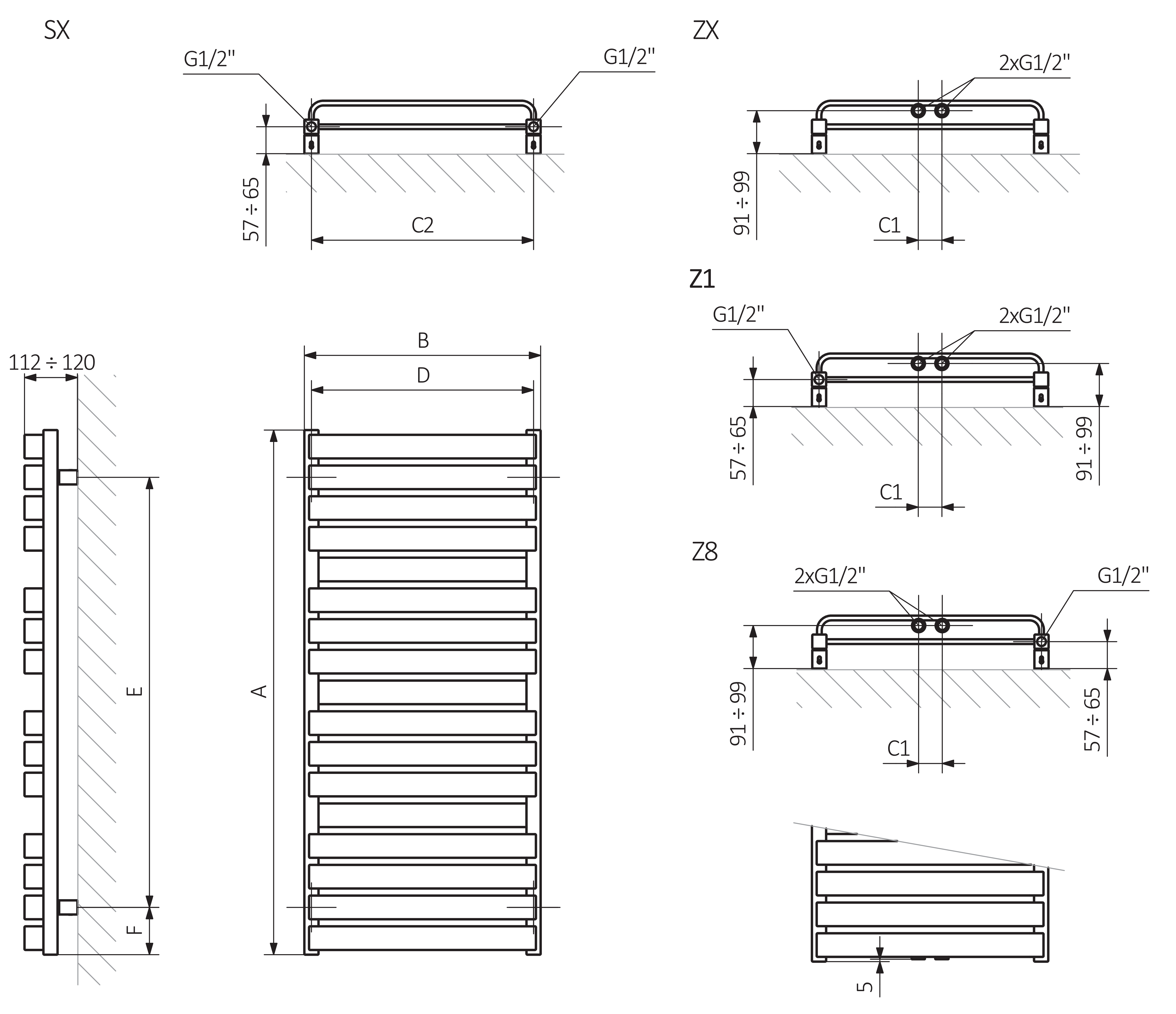 A – Height, B – Width, C1-C5 – Distance between pipe centres, D – Horizontal distance between mounting bracket centres, E – Vertical distance between mounting brackets, F – Distance between a mounting bracket and the bottom of the radiator