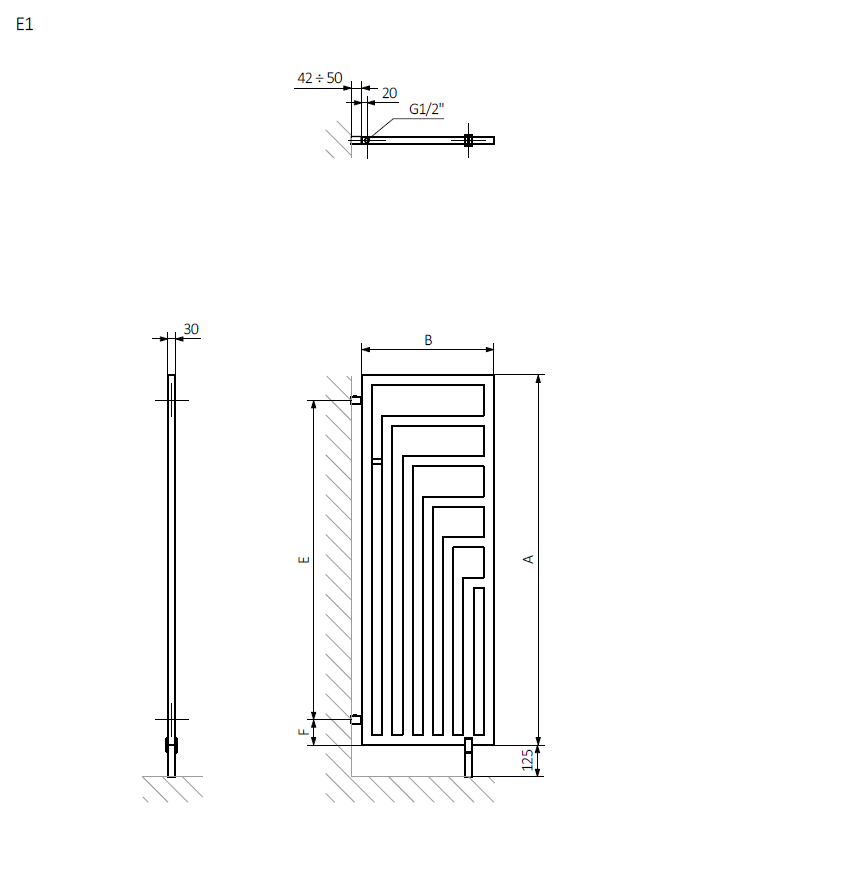 <p>A - height B - width C1-C5 - connection spacing D - distance between fixings horizontally E - distance between attachments vertically F - distance from the lower axle of fixings to the bottom edge of the collector<br />
 </p>
