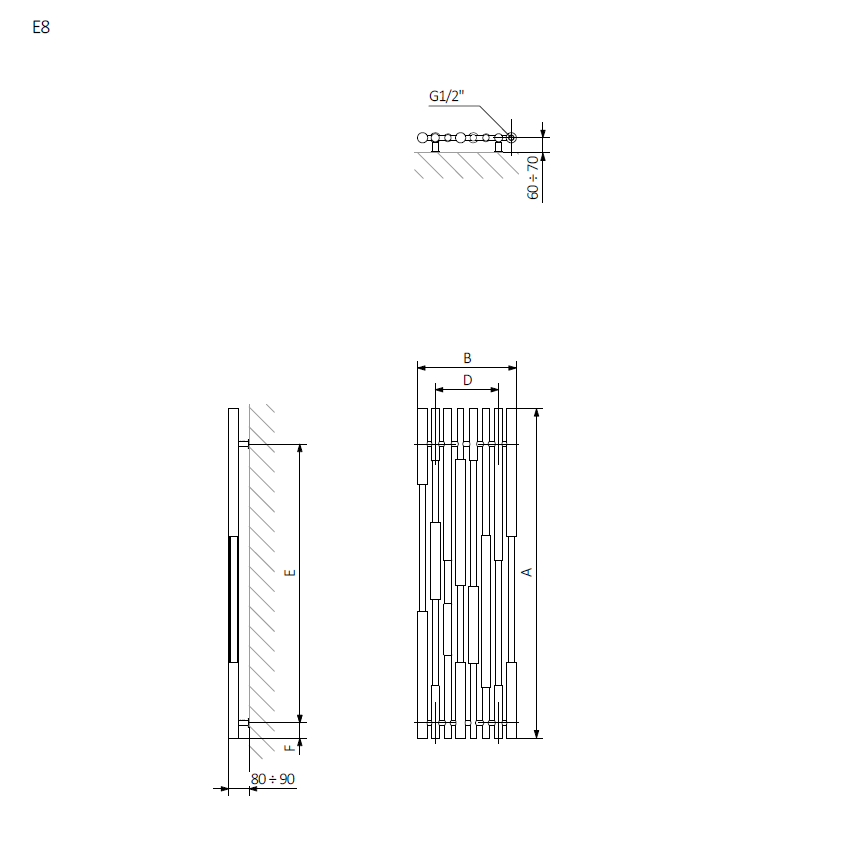 <p>A - height B - width  D - distance between fixings horizontally E - distance between attachments vertically F - distance from the lower axle of fixings to the bottom edge of the collector<br />
 </p>

