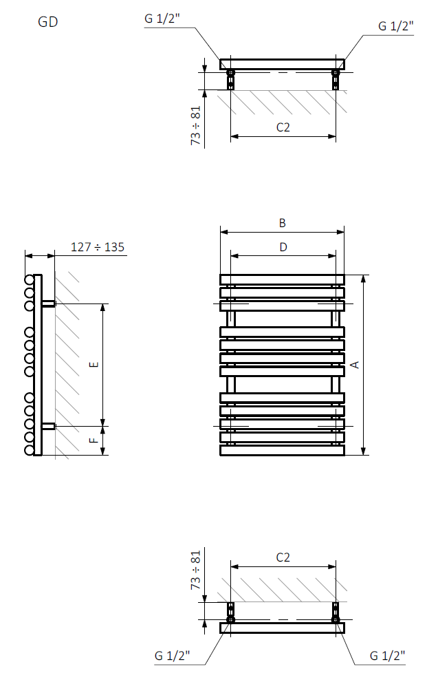 <p>A – wysokość  B – szerokość  C1-C5 – rozstaw podłączeń  D – rozstaw mocowań w poziomie  E – rozstaw mocowań w pionie<br />
 F  –  odległość od dolnej osi mocowań do dolnej krawędzi kolektora</p>