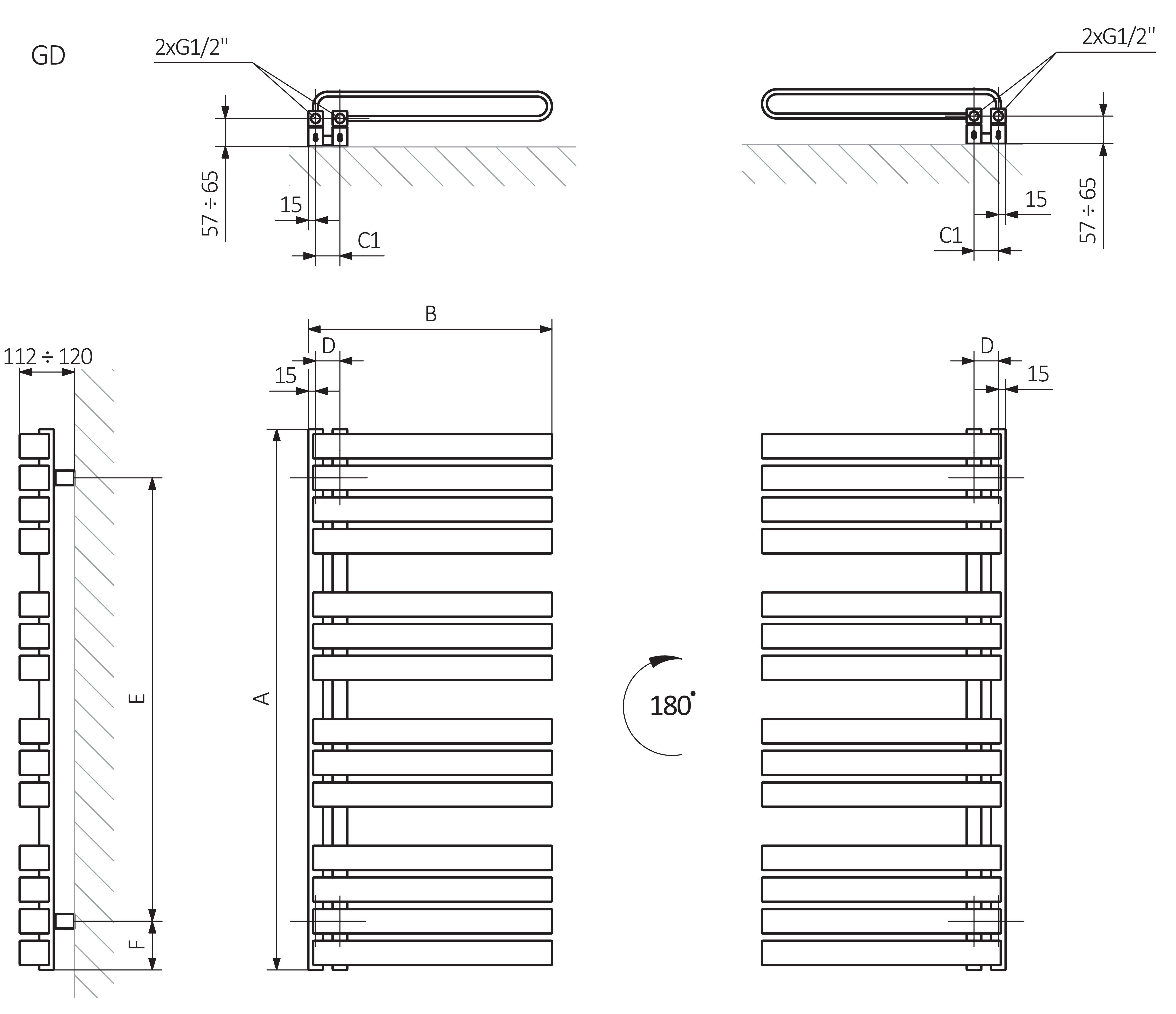 A - height B - width C1-C5 - connection spacing D - distance between fixings horizontally E - distance between attachments vertically F - distance from the lower axle of fixings to the bottom edge of the collector
